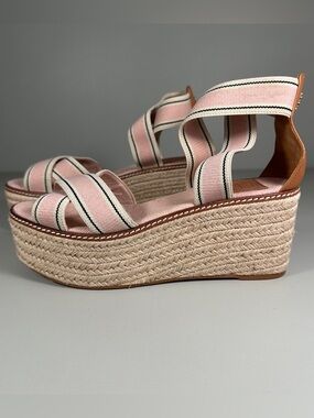 Tory Burch Frieda Cross Strap Pink Blush Tan Espadrille Platform Sandals